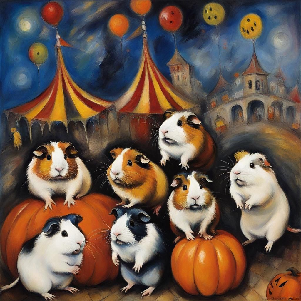 Halloween Circus Guinea Pigs in Chagall Style