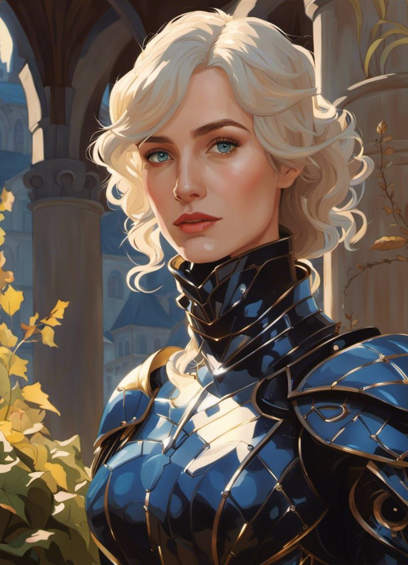 Woman in Dark Knight Armor in Garden