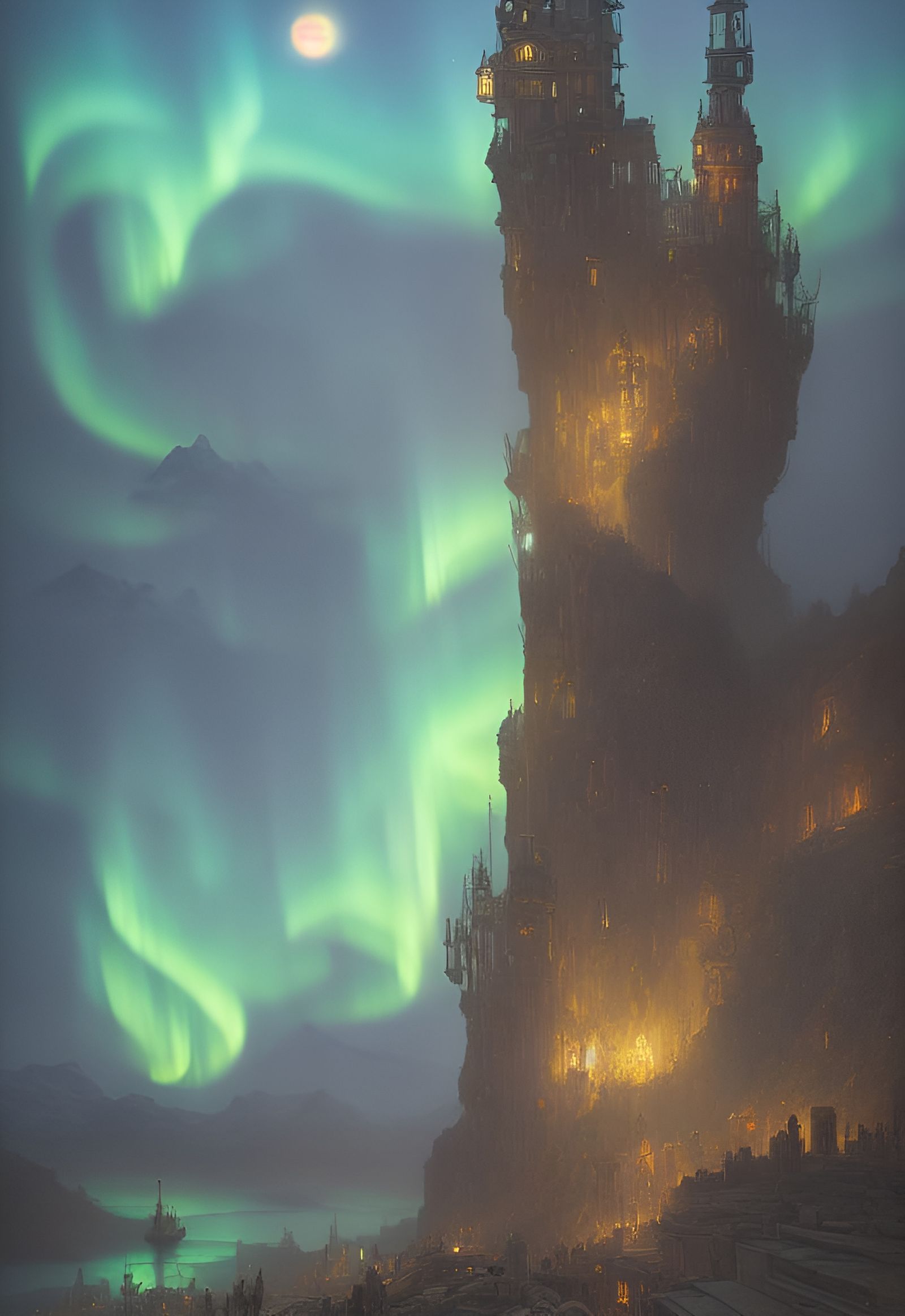 Steampunk City on Mountain with Aurora Borealis