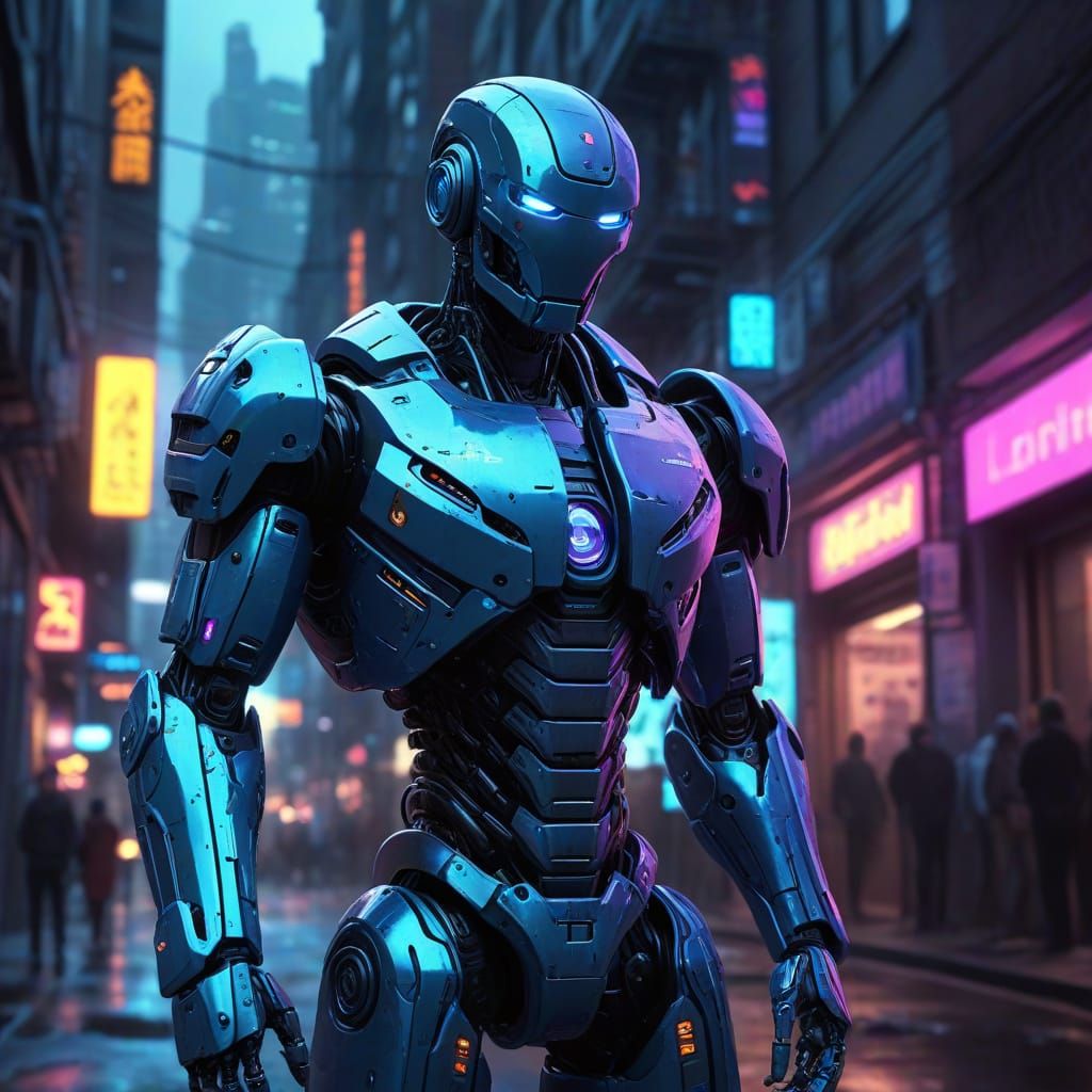 Robot in Neon Noir Cityscape Concept Art