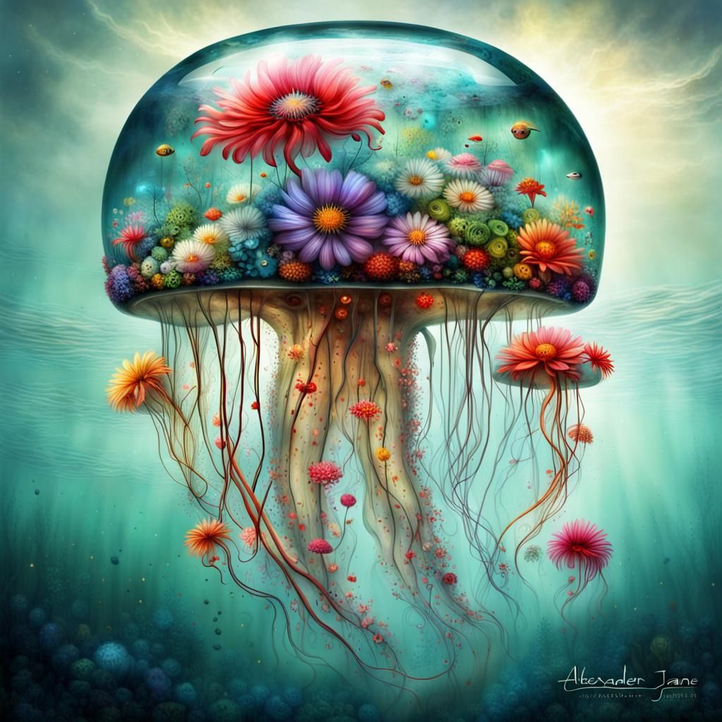 Glass Jellyfish with Colorful Flower Insides