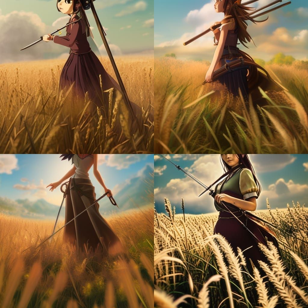 Anime Archer in Wheat Field, Ghibli Style