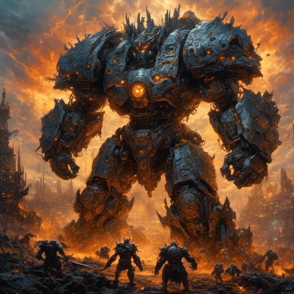 Triumphant Mecha Titan on Apocalyptic Battlefield