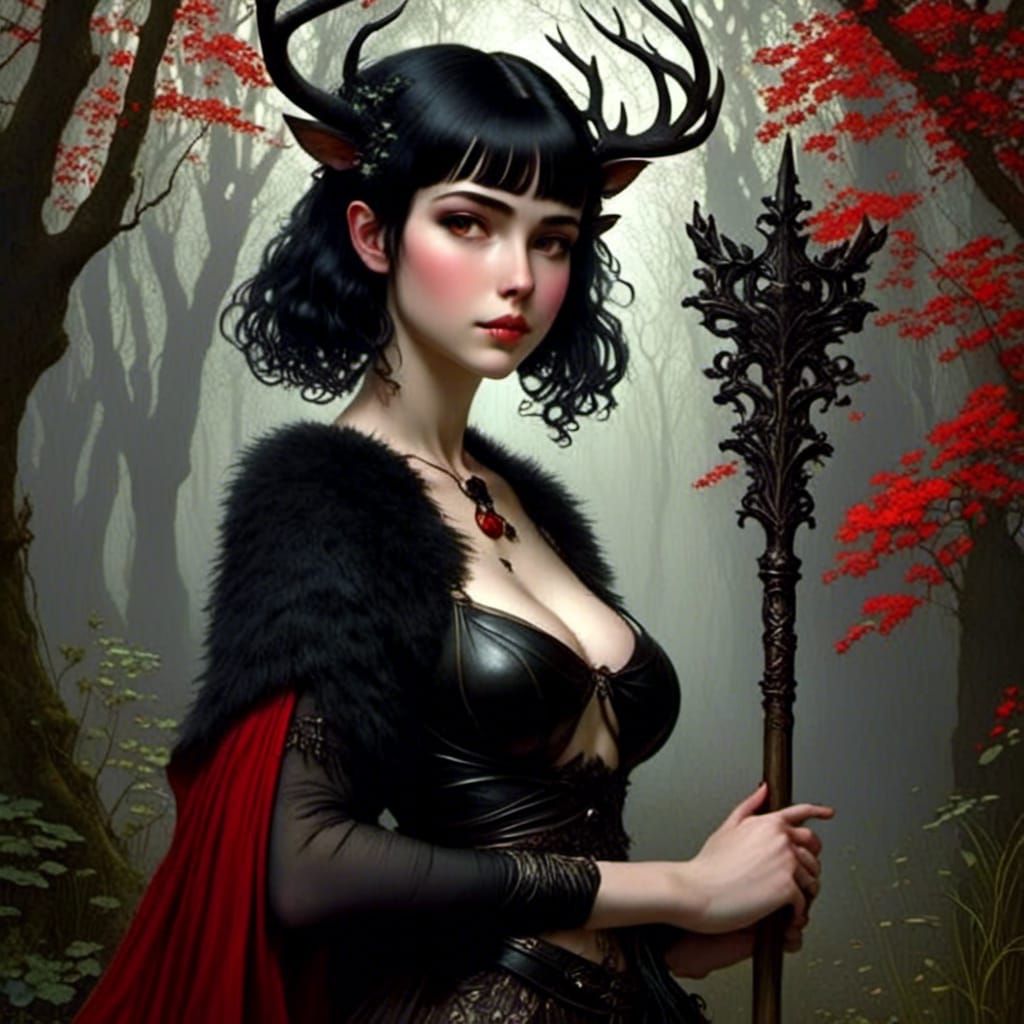 Antlered Sorceress with Glowing Eyes and Broom