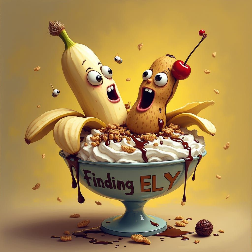 Vibrant Banana Split Scene in Whimsical Style