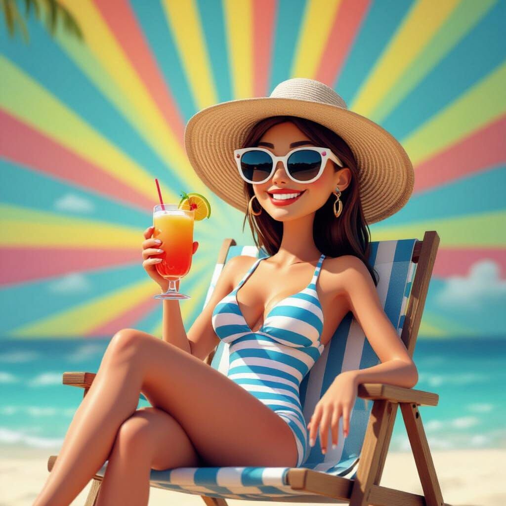 Finnish Woman Enjoys Cocktail on Beach in Pixar Style