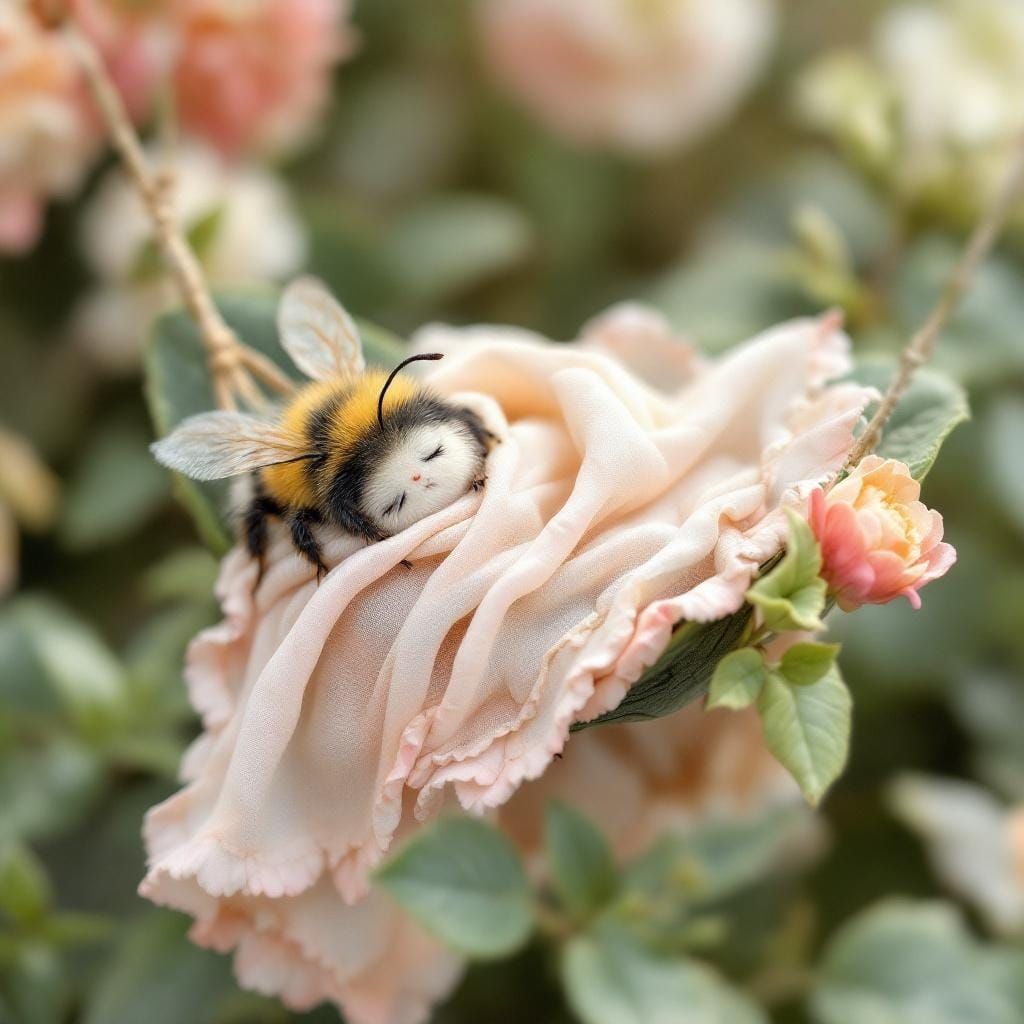Cute Bumblebee Sleeping in Leaf Hammock with Petal Blanket
