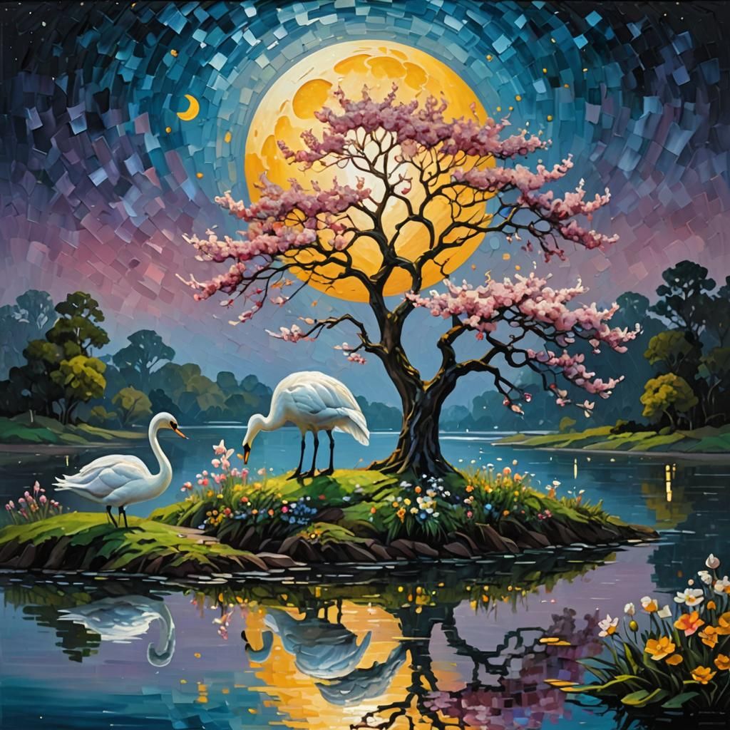 Enchanting Moonlit Island as Neo-Impressionist Impasto