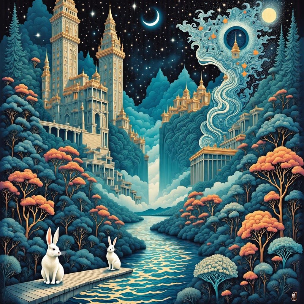 Rabbits in Fractal Dreamscape: A 3D Render