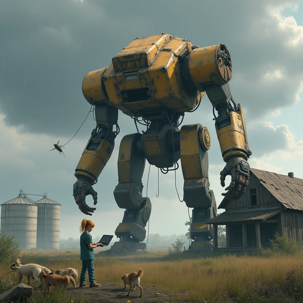 Abandoned Farmworker Repairs Mech Amidst Toxic Ruin
