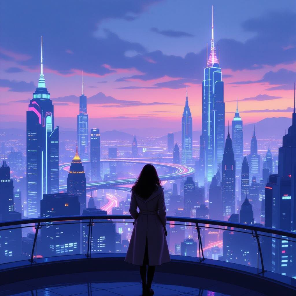 Woman Overlooks Retro-Futuristic Cityscape at Dusk