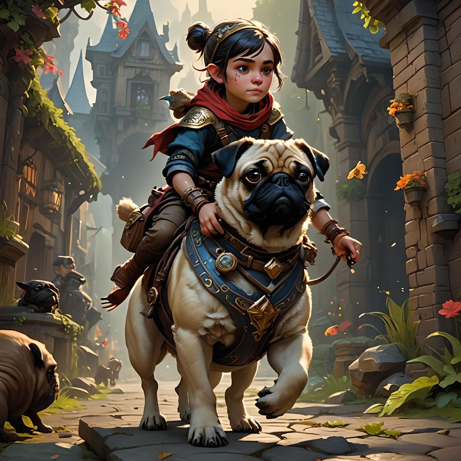 Pixie Halfling Rides Pug: Dark Fantasy Art