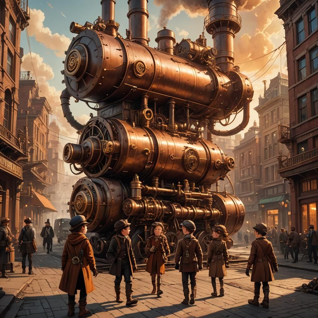 Steampunk Kids Stroll Past Massive Engine