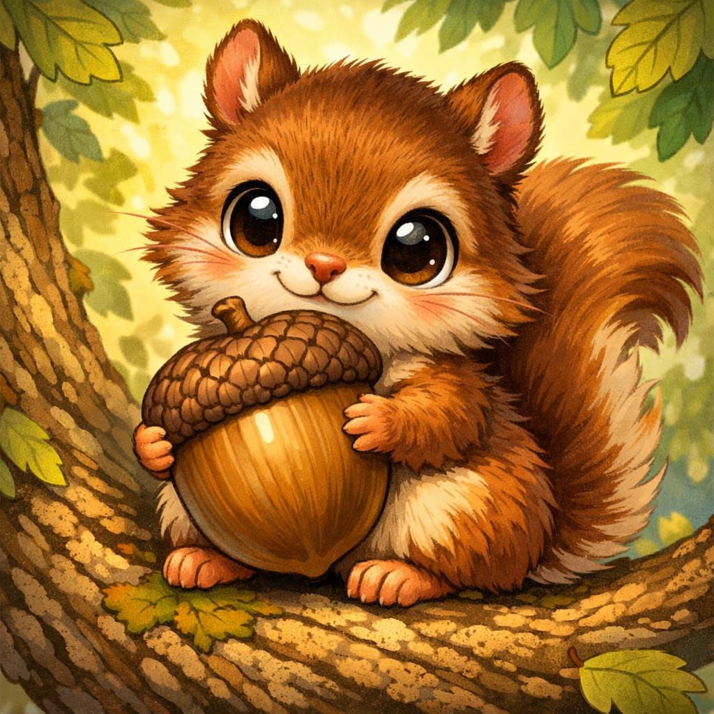 Cute Tiny Squirrel Holding Acorn In Tree