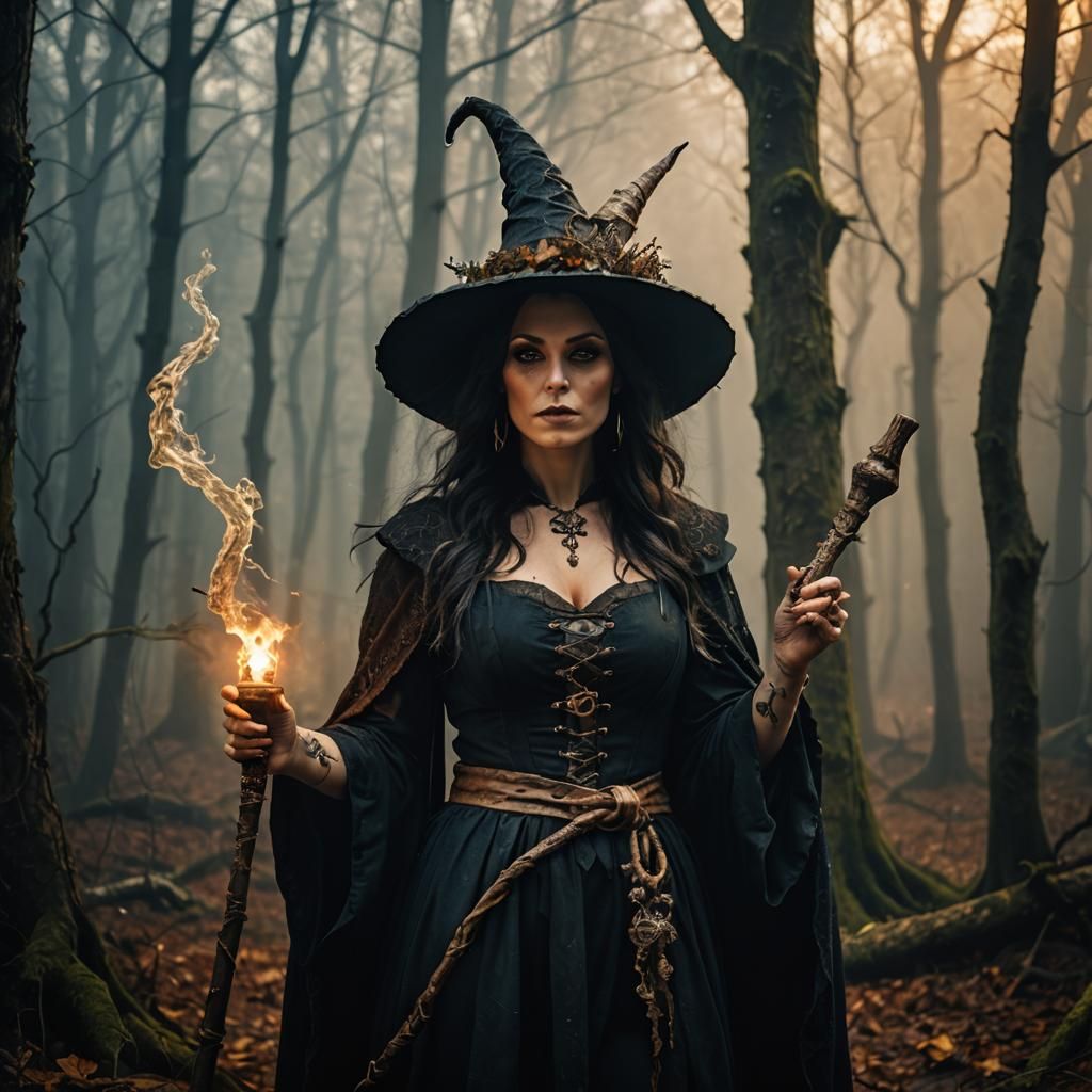 Mystical Forest Witch with Glowing Runes, Dark Fantasy Art