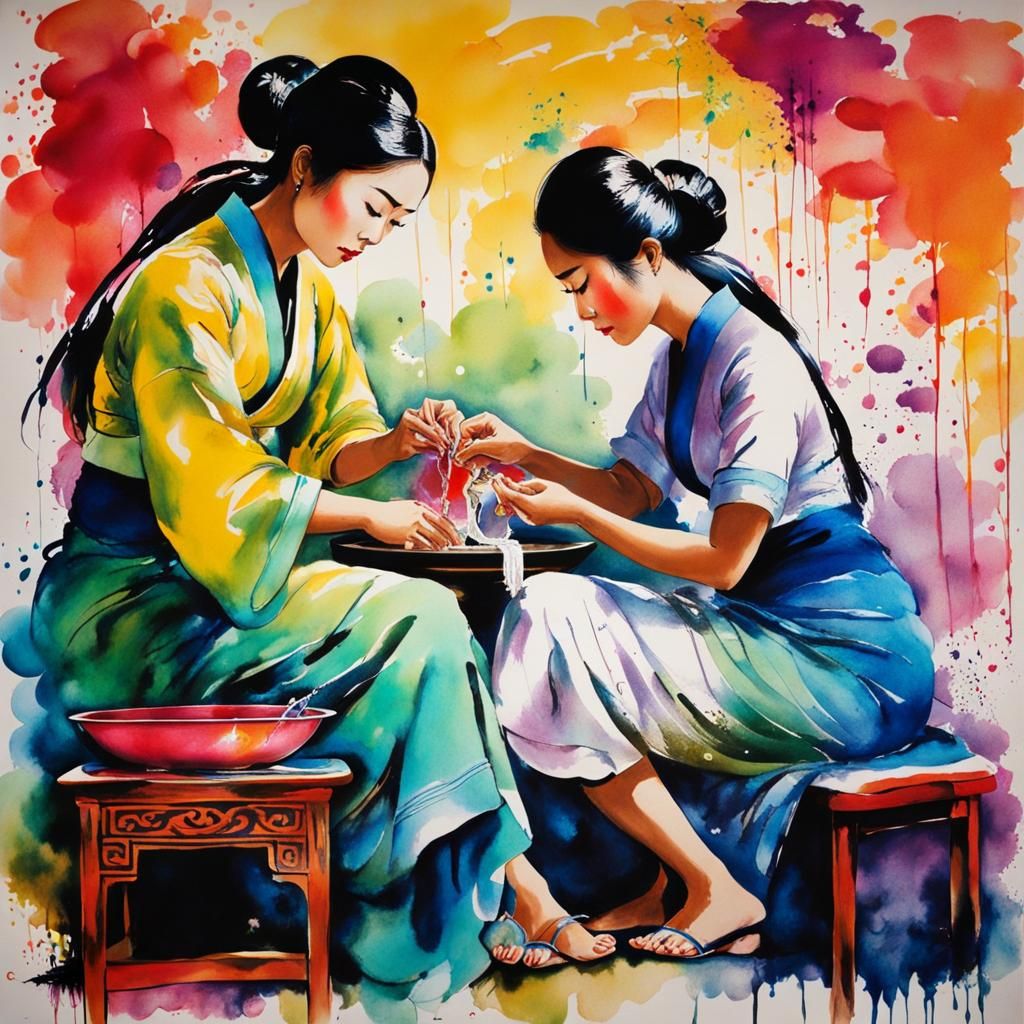 Vietnamese Woman Washing Feet of Italian Woman