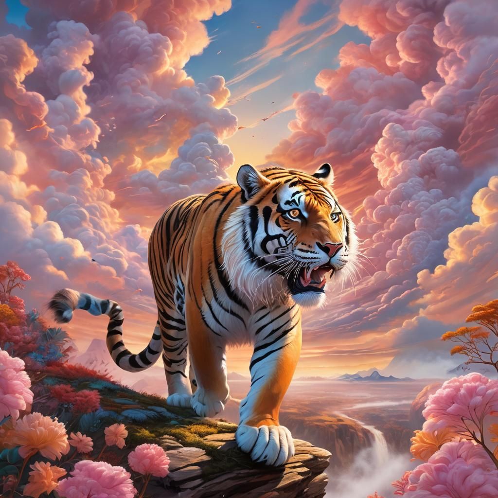 Cloudy Tiger at Sunset: Fantasy Oil Painting