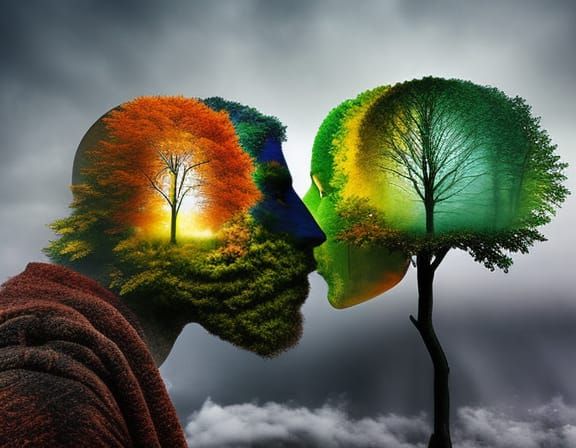 Surreal Multi-Season Tree of Human Heads in Digital Art