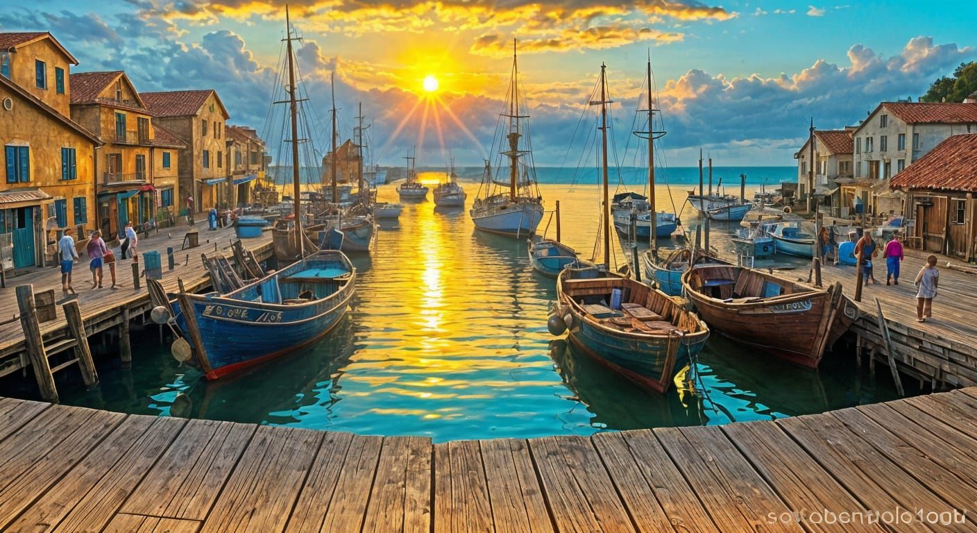 Rustic Fishing Village Oil Painting in Golden Mediterranean ...