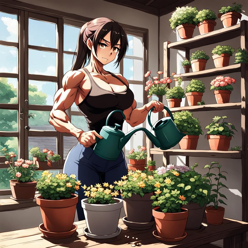 Muscular Girl Watering Plant in Anime Art Style