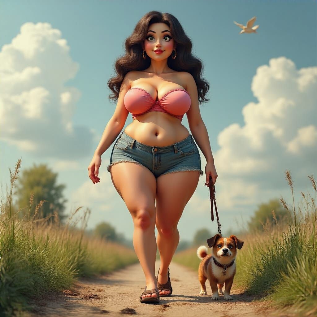 Curvy Cartoon Woman Walking Dog in Hyperrealistic Style