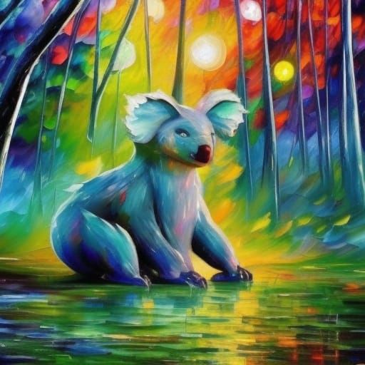 Koala Portrait Under Moonlight: Impasto Oil Painting