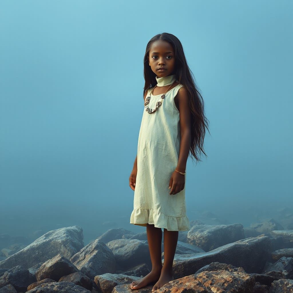 African Girl in White Dress on Rocky Shore