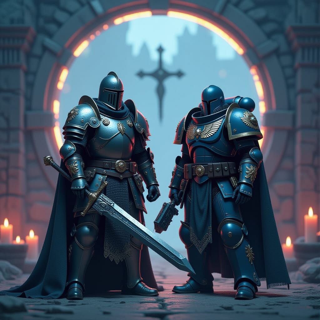 Knight and Space Marine by Time Portal, Cell Shade Art