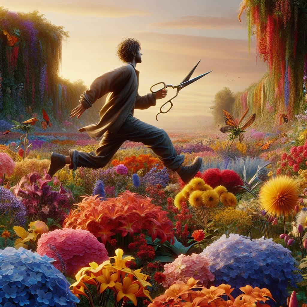 Fantasy Art: Person with Scissors in Flower Field