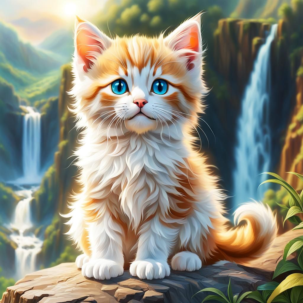 Kitten Overlooking Waterfall in Macro Detailed Shot