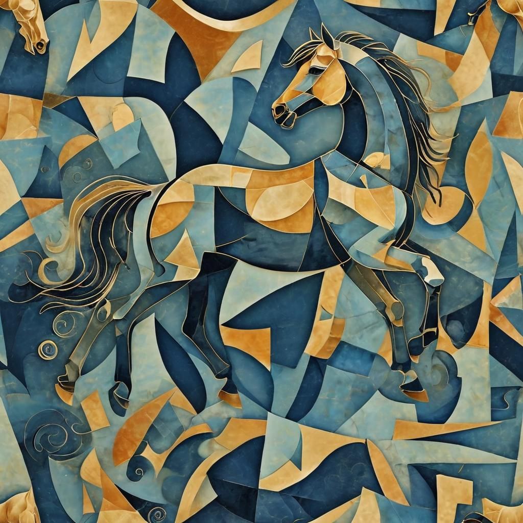 Cubist Horse and Woman in Geometric Fauvism Style