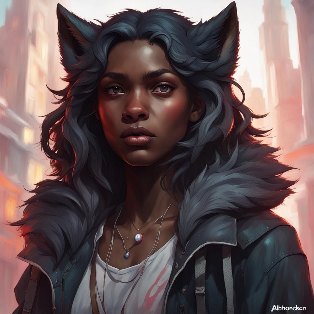 Detailed Portrait of a Black Teenage Wolf Girl