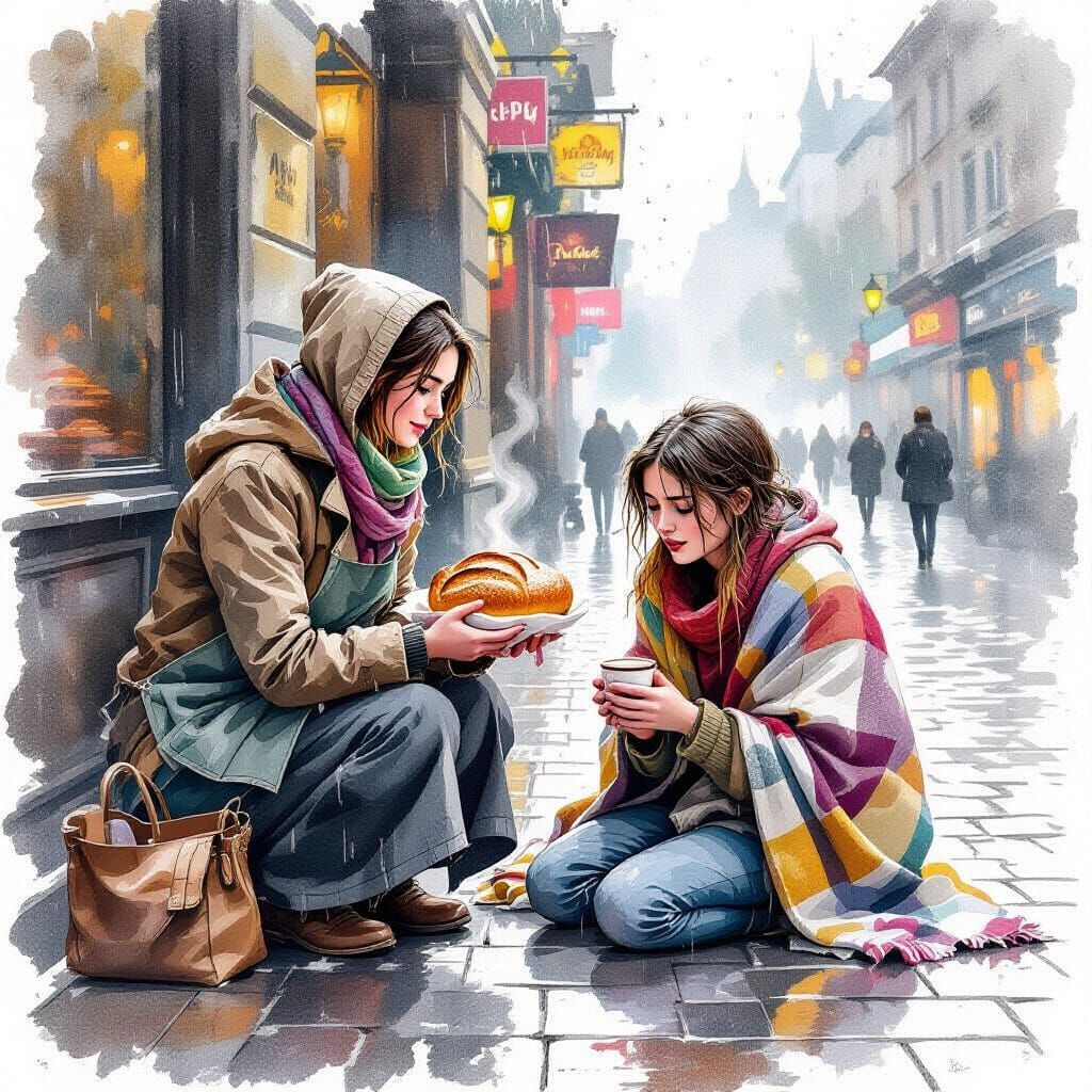 Kind Baker Offers Warmth to Needy Woman in Watercolour