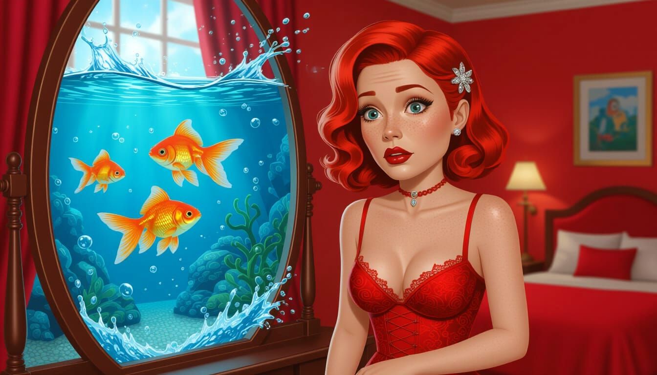 Woman Falls Into Aquarium Amid Crimson Splash Art