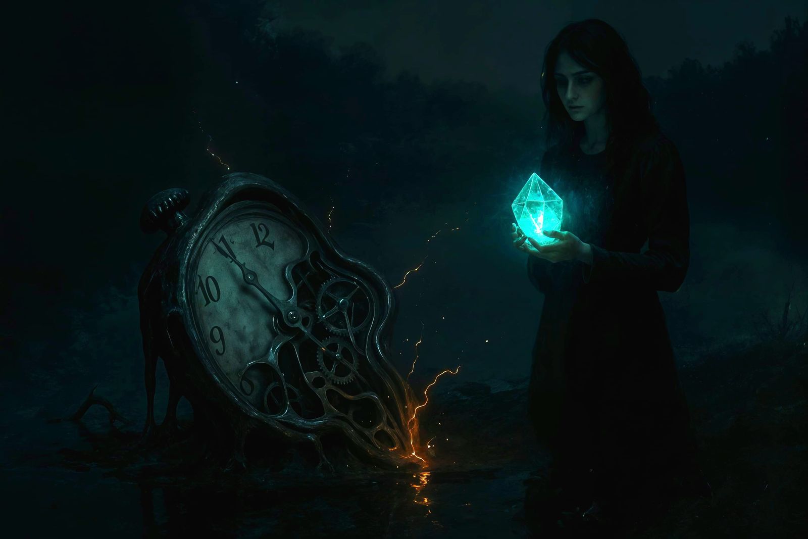 Warped Clock and Mysterious Woman by Dark Lake