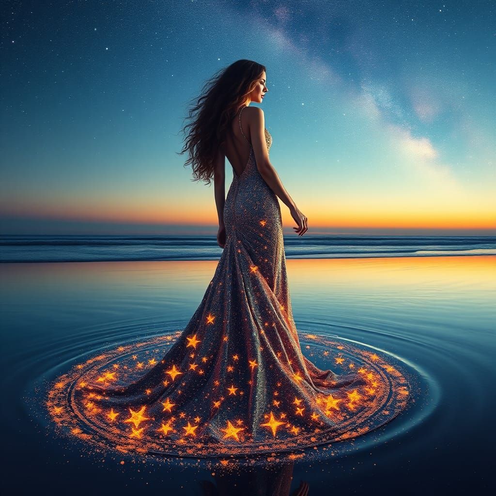 Cosmic Woman on Beach at Dusk in Digital Art