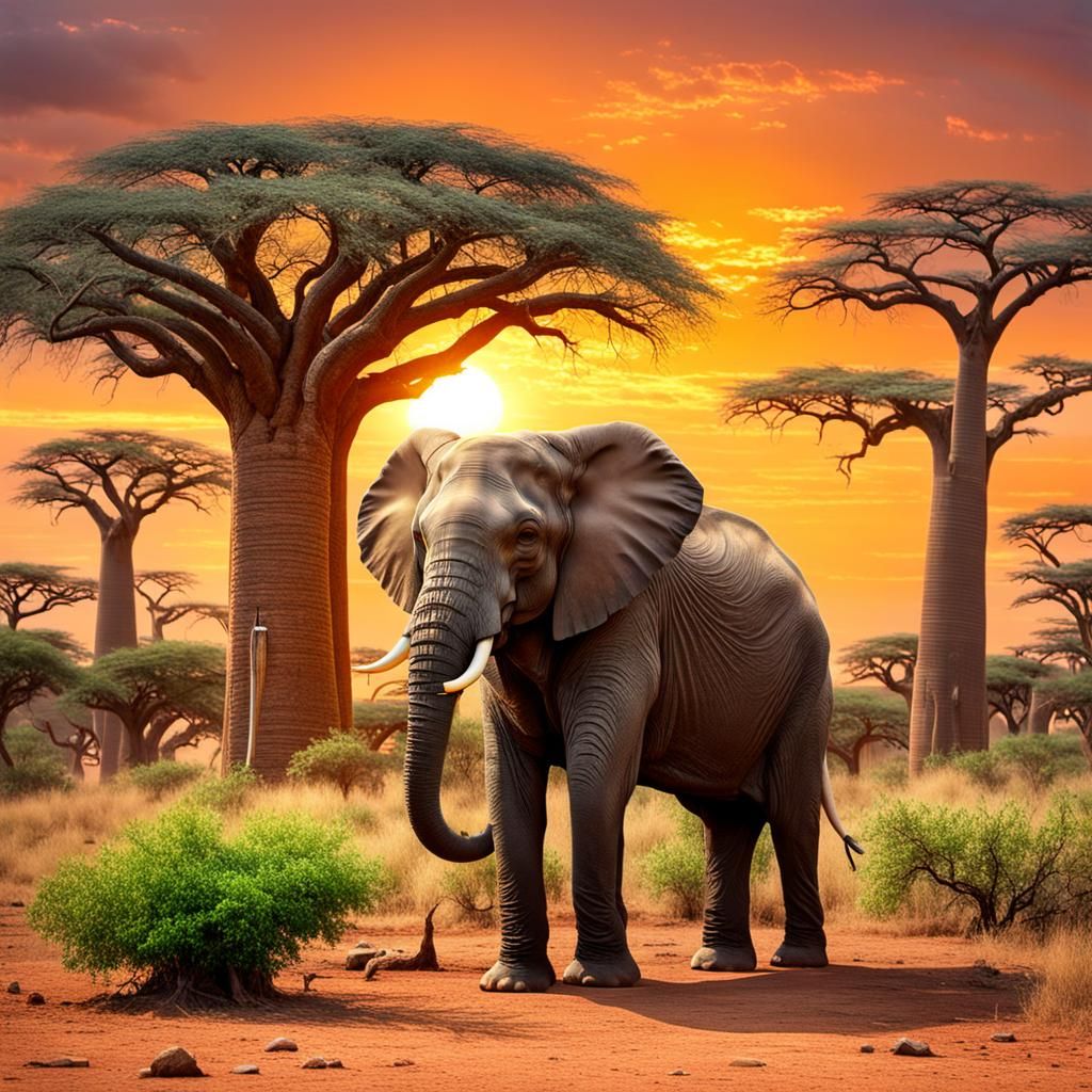 Graceful Elephant and Baby at Sunrise, Photographic