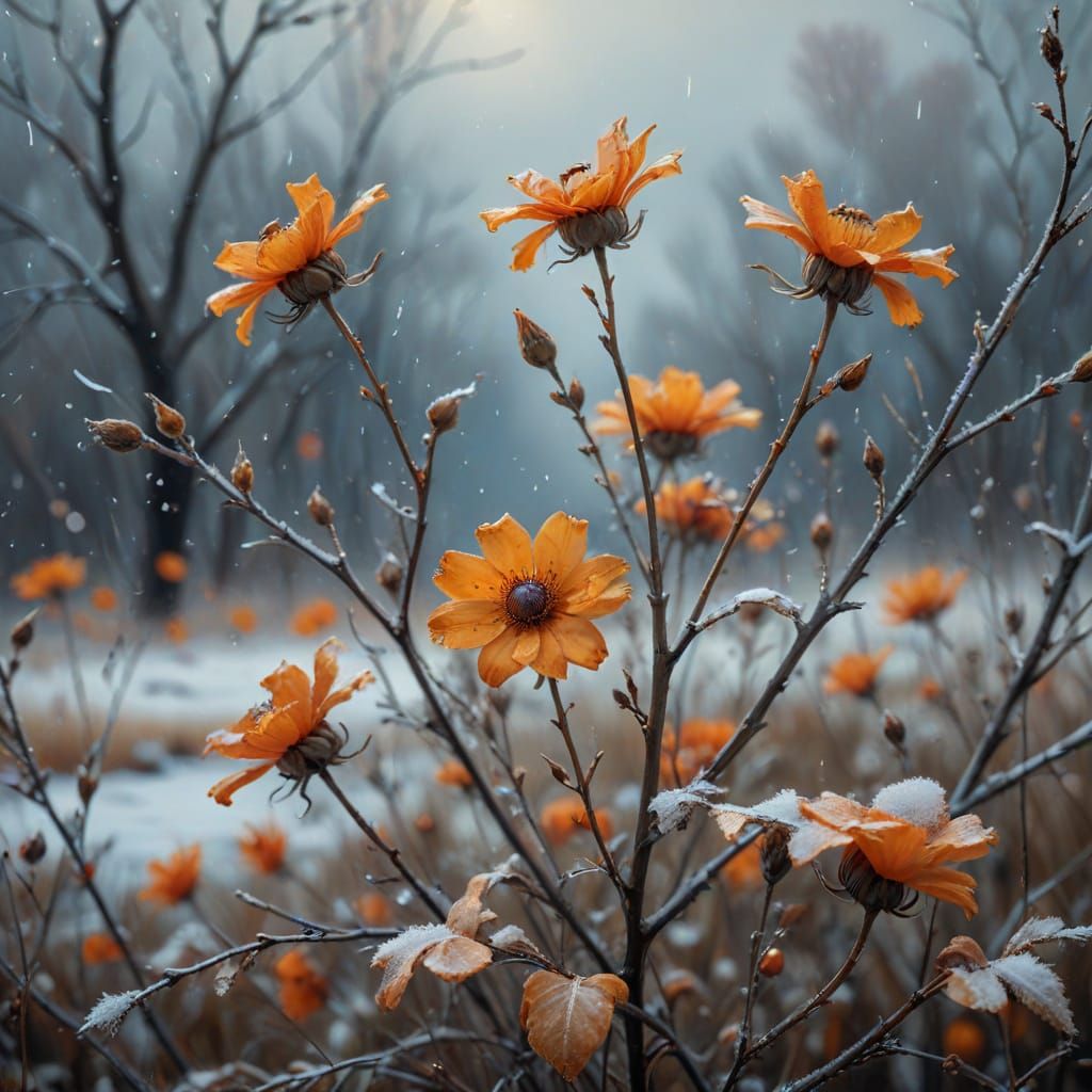 Whimsical Withering Orange Blooms in Dreamy Oil Painting