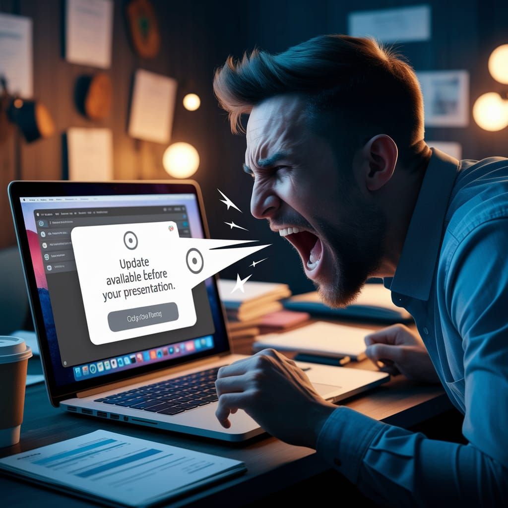 Man Screaming at Laptop About to Update
