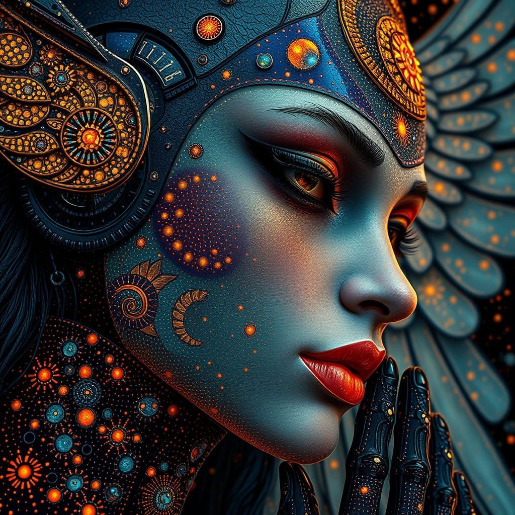 Retrofuture Robot Angel-Saint in Vibrant Pointillism