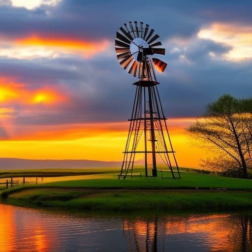 Picturesque Windmill Sunset Scene with Divine Light