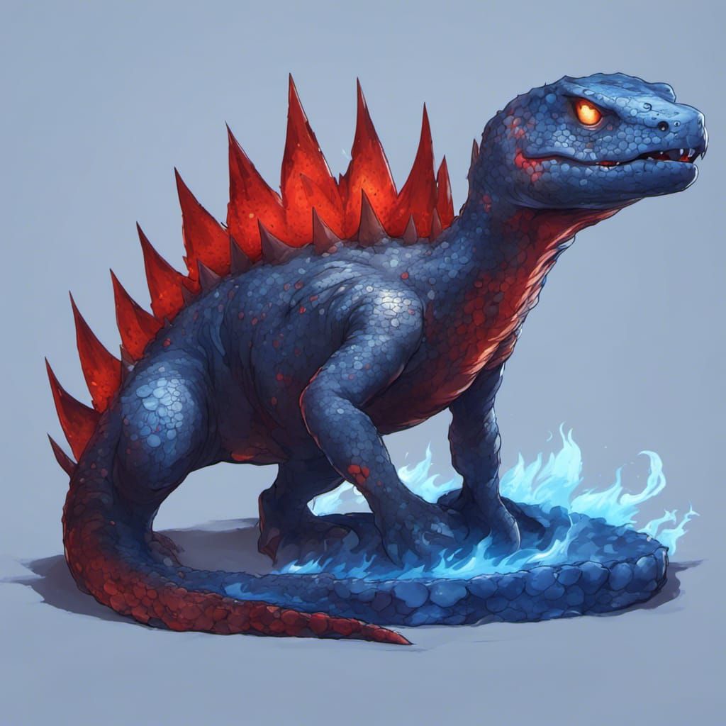 Armored Salamander Dinosaur Breathing Blue Flames in Anime S...