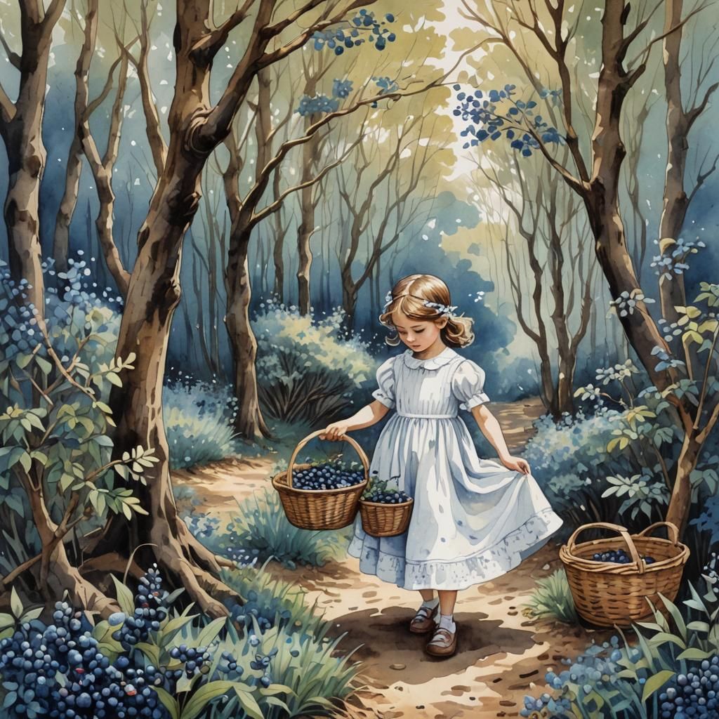 Girl Picking Blueberries: Pen, Ink, and Watercolor