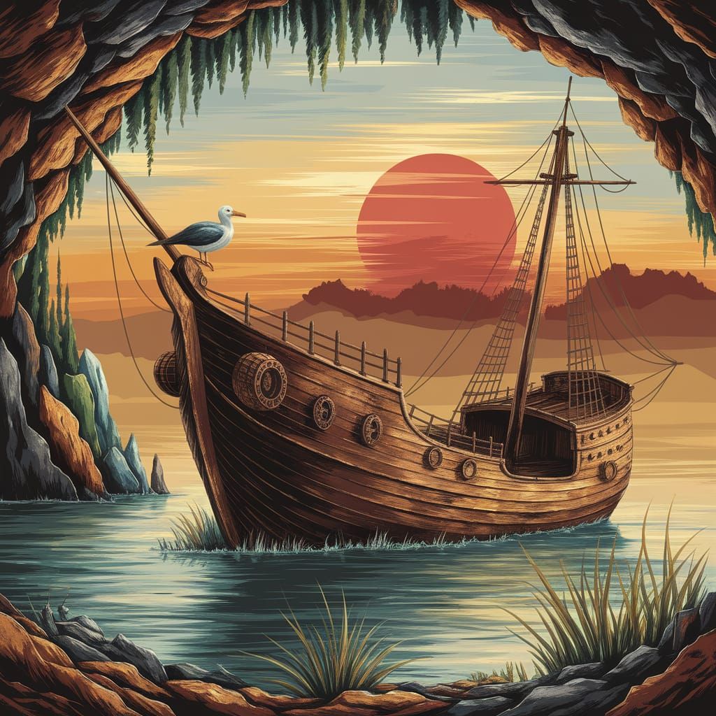 Textured Sunset Over Rustic Shipwreck in Oasis Cave