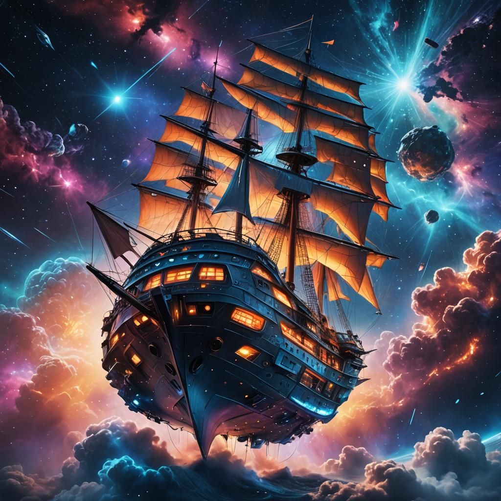 Neon Sci-Fi Sailing Ship Gliding Through Nebula