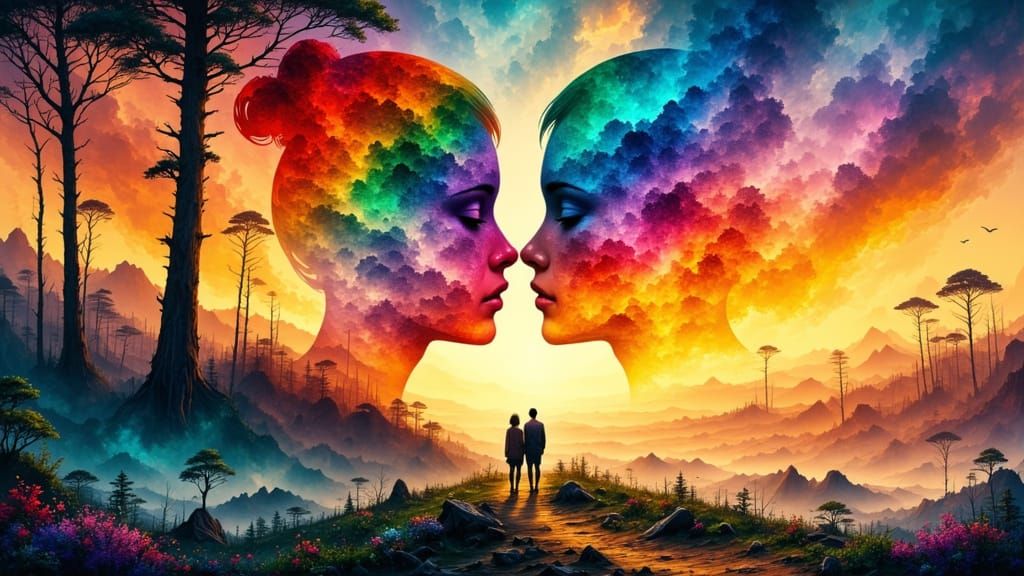 Joyful Acceptance Under Rainbow Sky