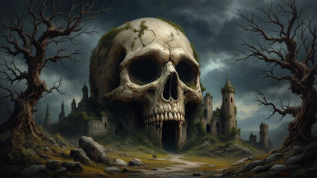 Frazetta-Inspired Skull Castle in Dark Forest