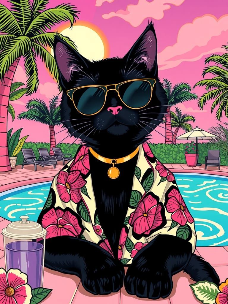 Vibrant Poolside Scene with Playful Black Cat in Pop Art Sty...