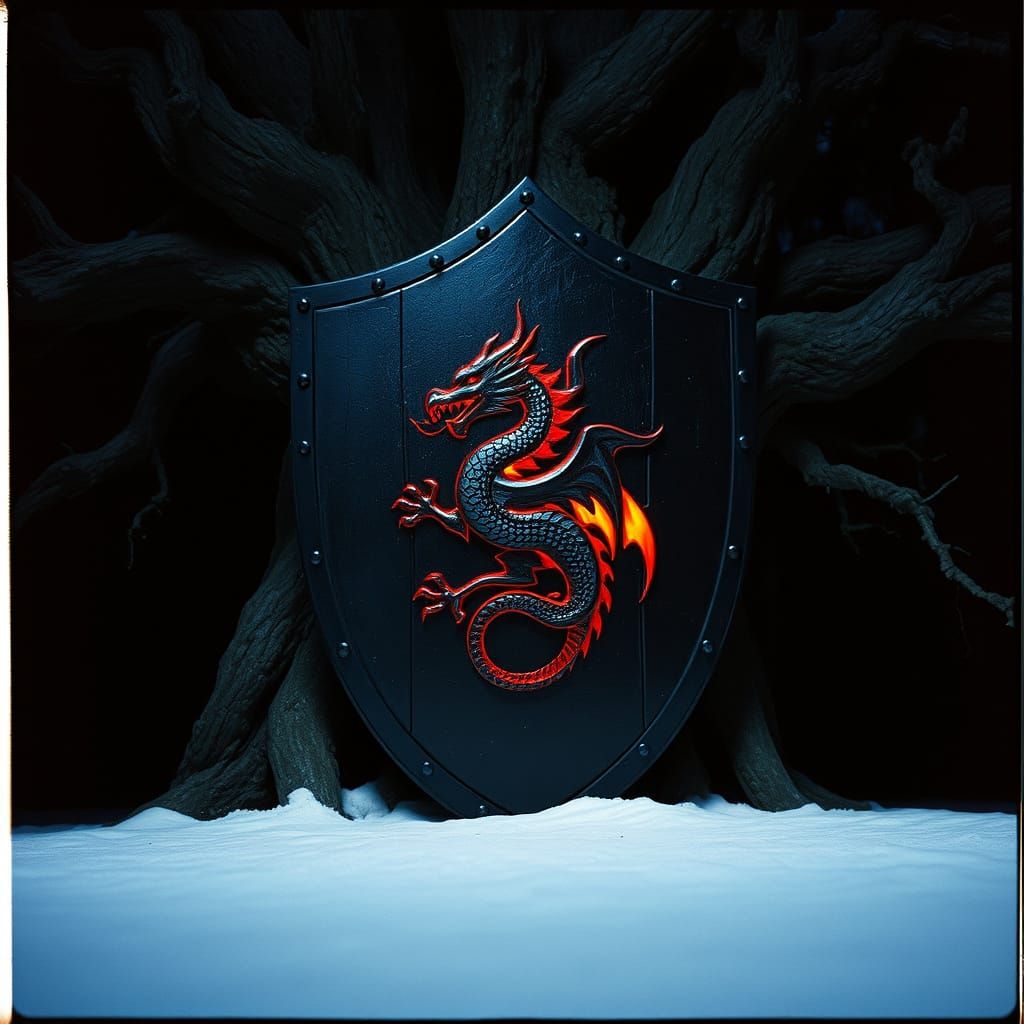 Majestic Black Shield with Red Dragon Motif in Dark Forest