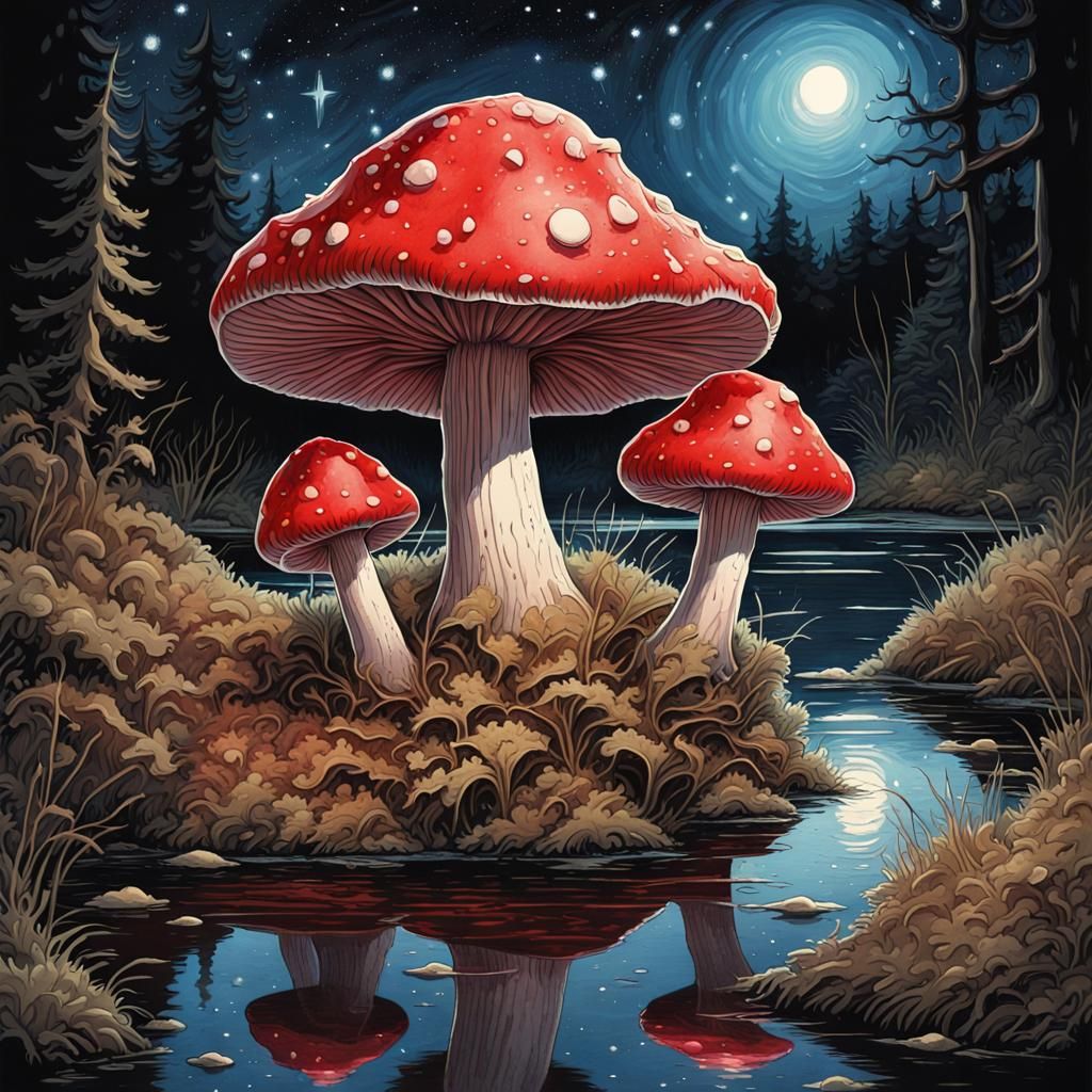 Bioluminescent Mushroom: Gothic Watercolor Under Starry Skie...